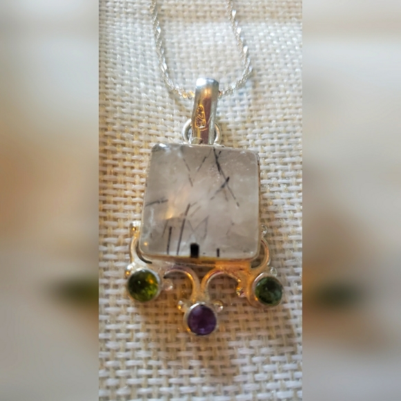 SOLD-Rutile Quartz, Peridot, and Amethyst Sterling Silver Necklace - Picture 7 of 12